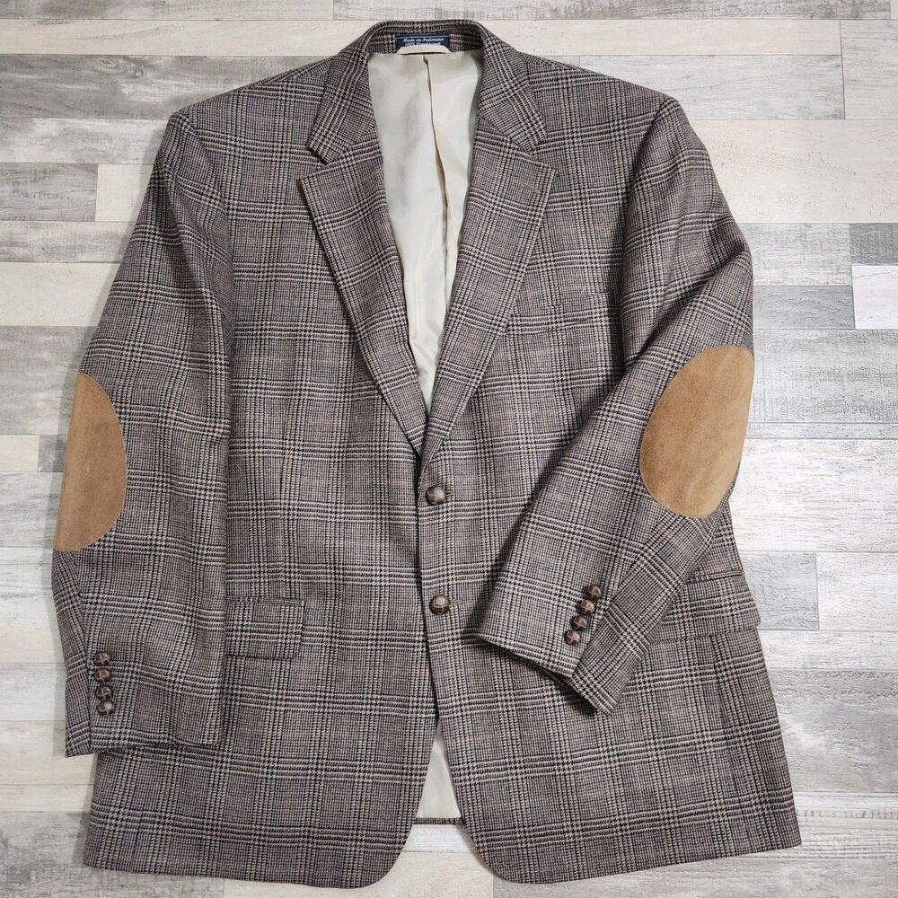 Lambswool Tweed Sport Coat 46R Brown Glen Plaid Blazer Suede Elbow Patches Vtg